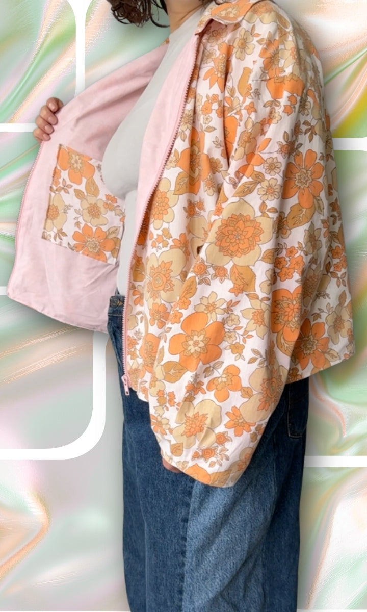 Veste légère en tissu vintage à fleurs oranges