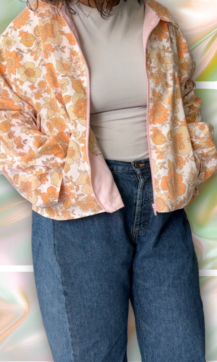 Veste légère en tissu vintage à fleurs oranges